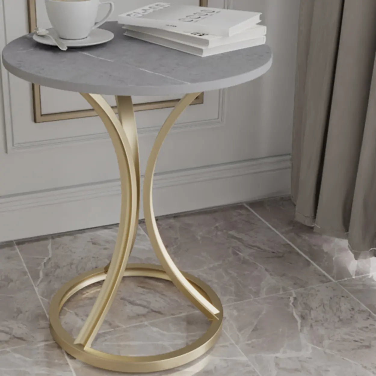 Round Stone-Top Gold Metal End Table — Black / Black/ Gold