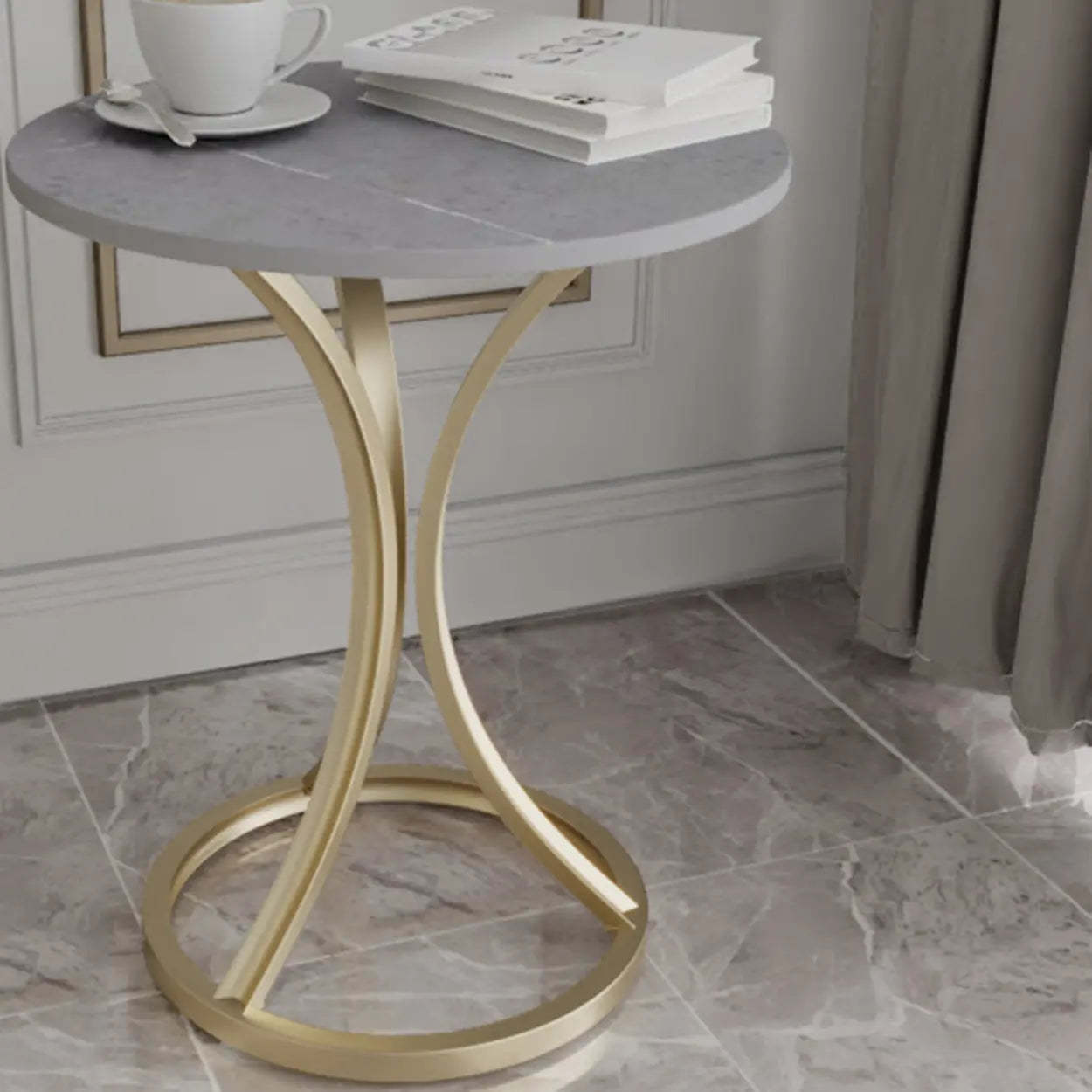 Round Stone-Top Gold Metal End Table — Black / Black/ Gold