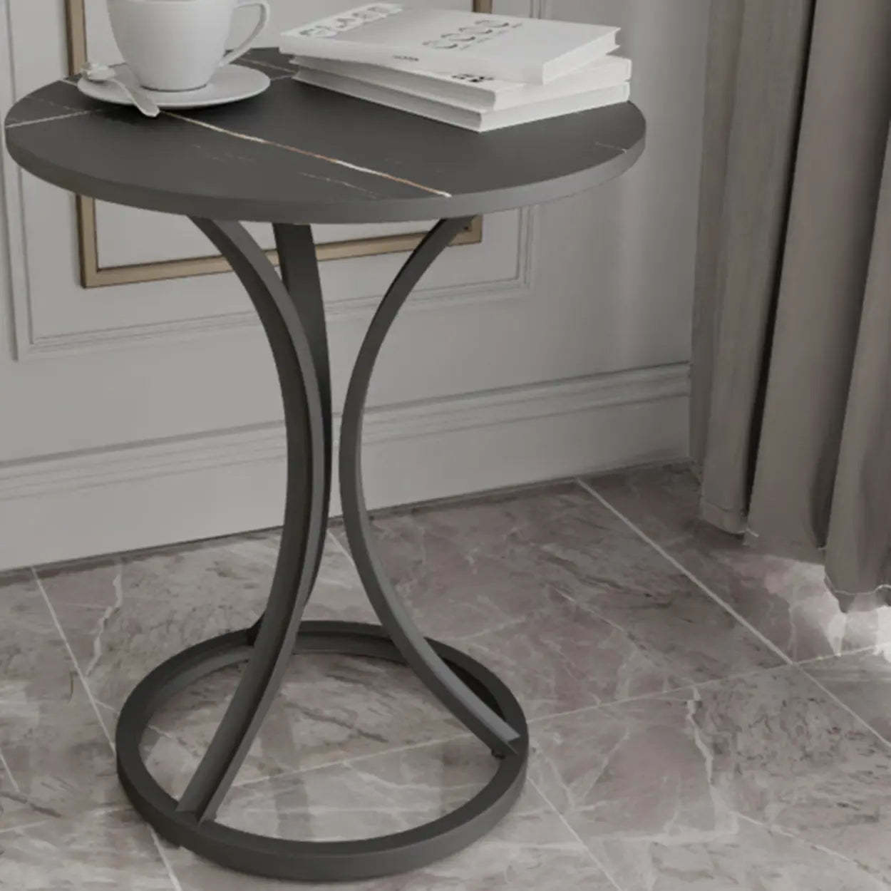 Round Stone-Top Gold Metal End Table — Gold / White