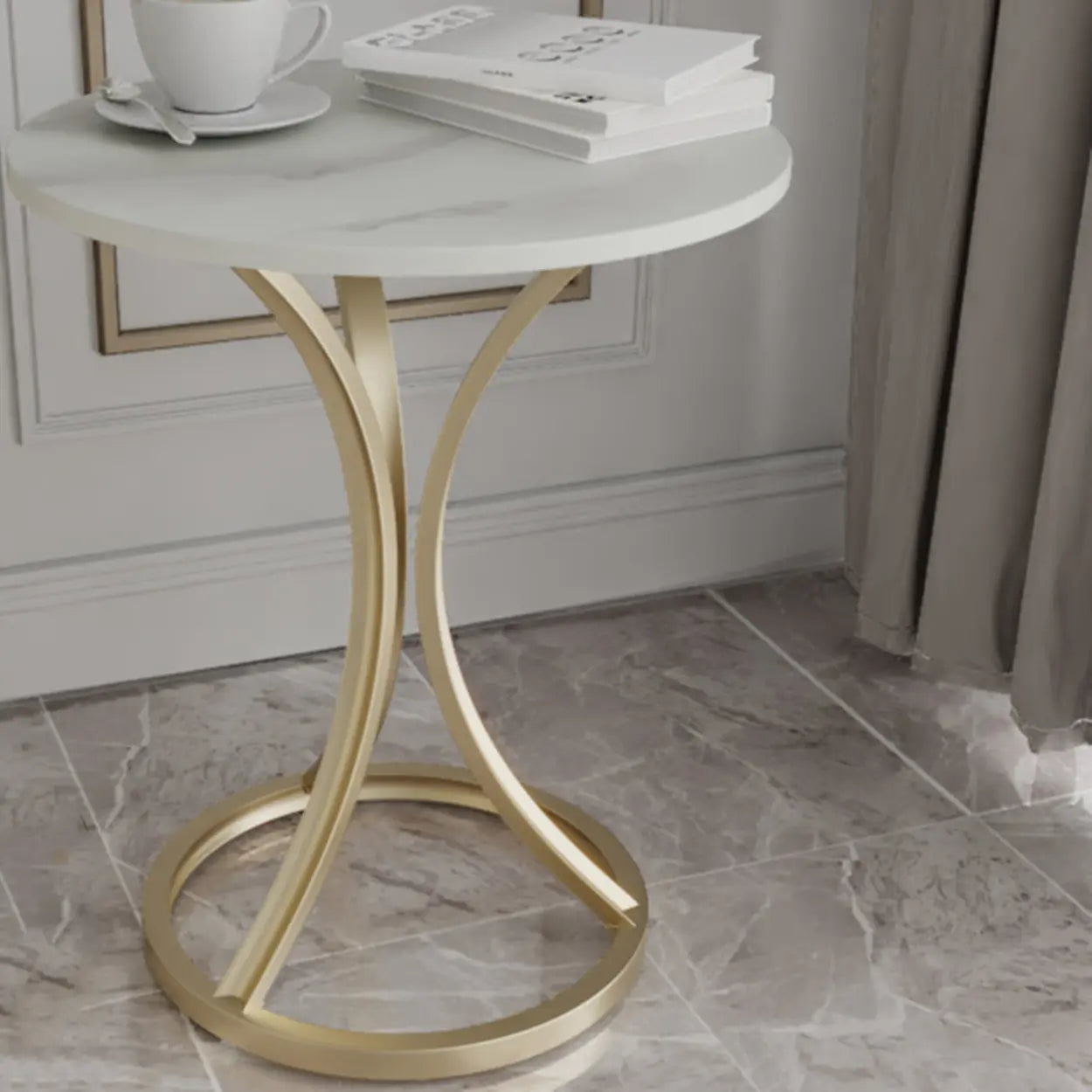 Round Stone-Top Gold Metal End Table — Silver / Gray