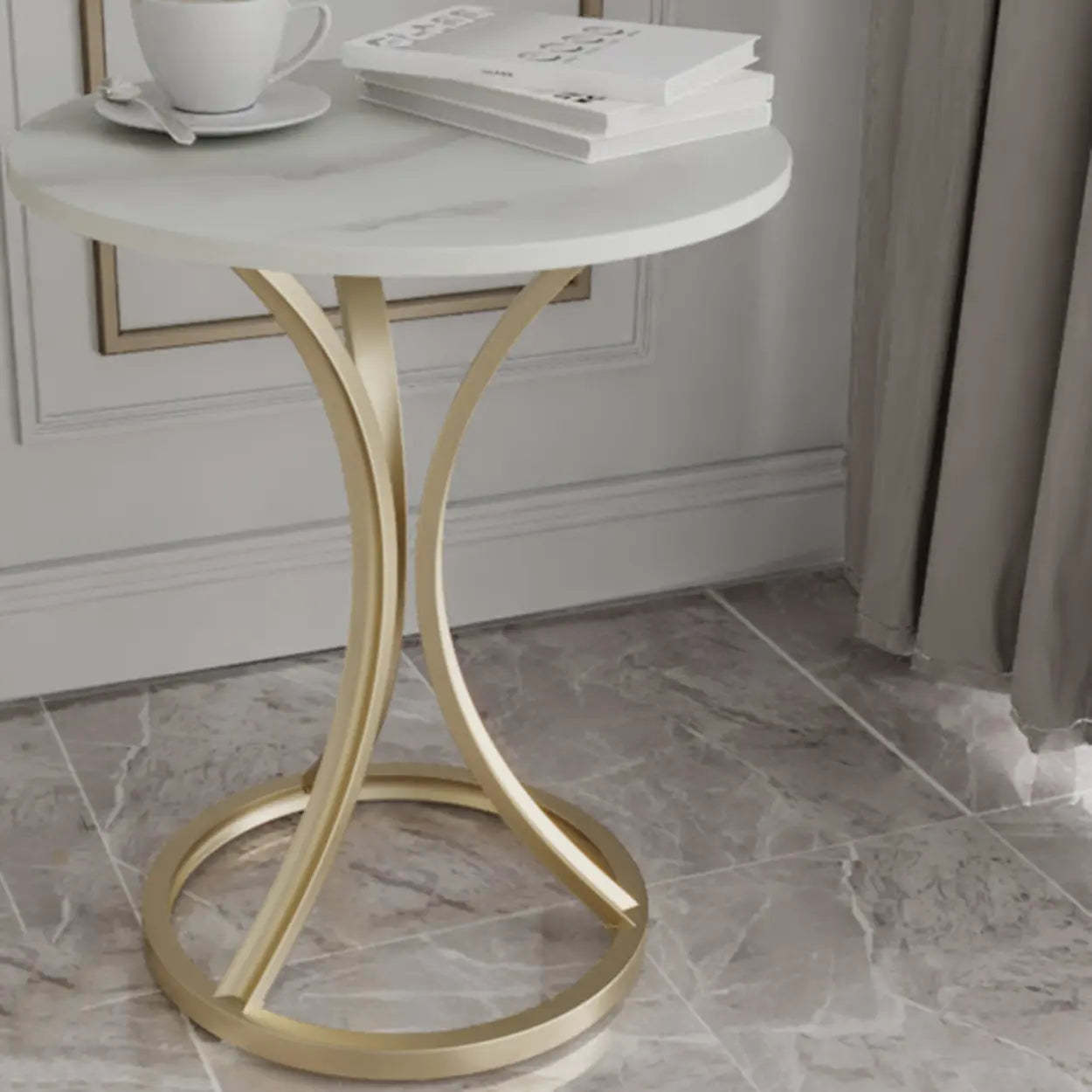 Round Stone-Top Gold Metal End Table — Silver / Gray