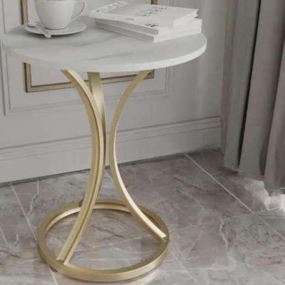 Round Stone-Top Gold Metal End Table — Silver / Gray