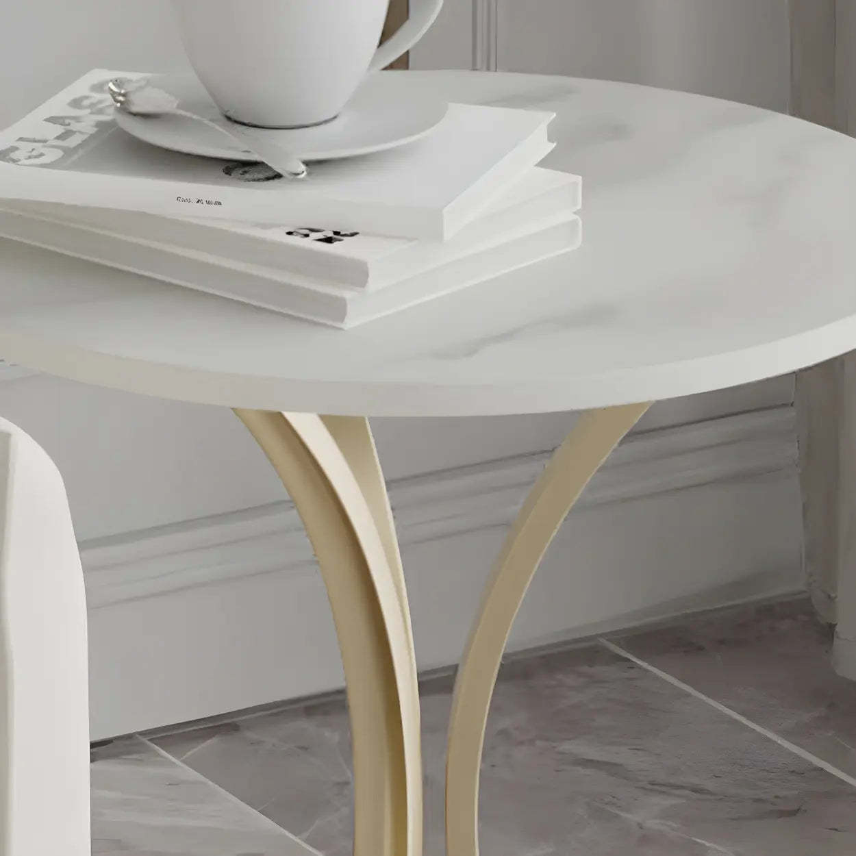 Round Stone-Top Gold Metal End Table — Silver / White