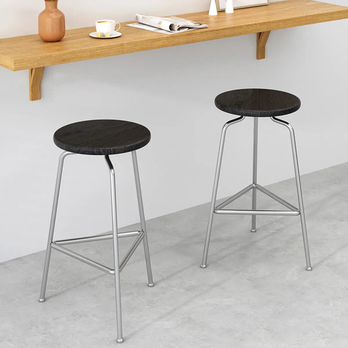Round Tripod Metal Backless Black Bar Stool — Nut-Brown