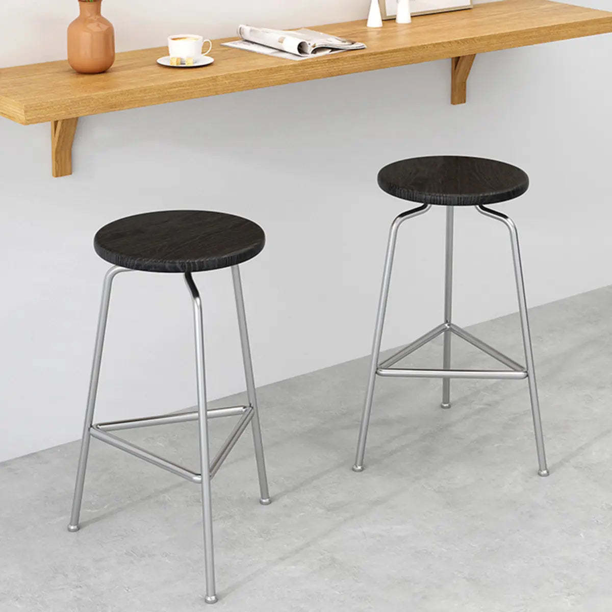 Round Tripod Metal Backless Black Bar Stool — Nut-Brown