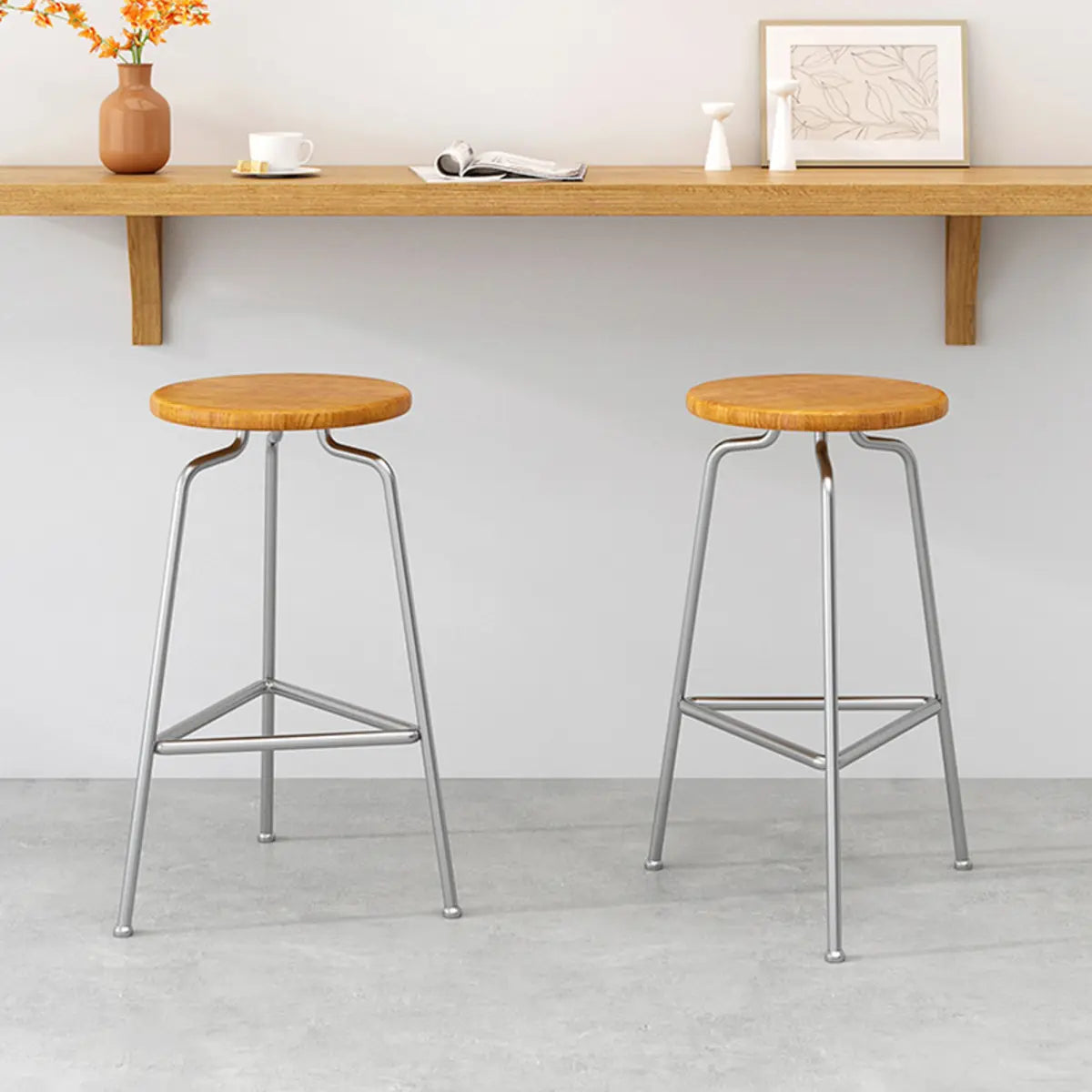 Round Tripod Metal Backless Black Bar Stool — Nut-Brown