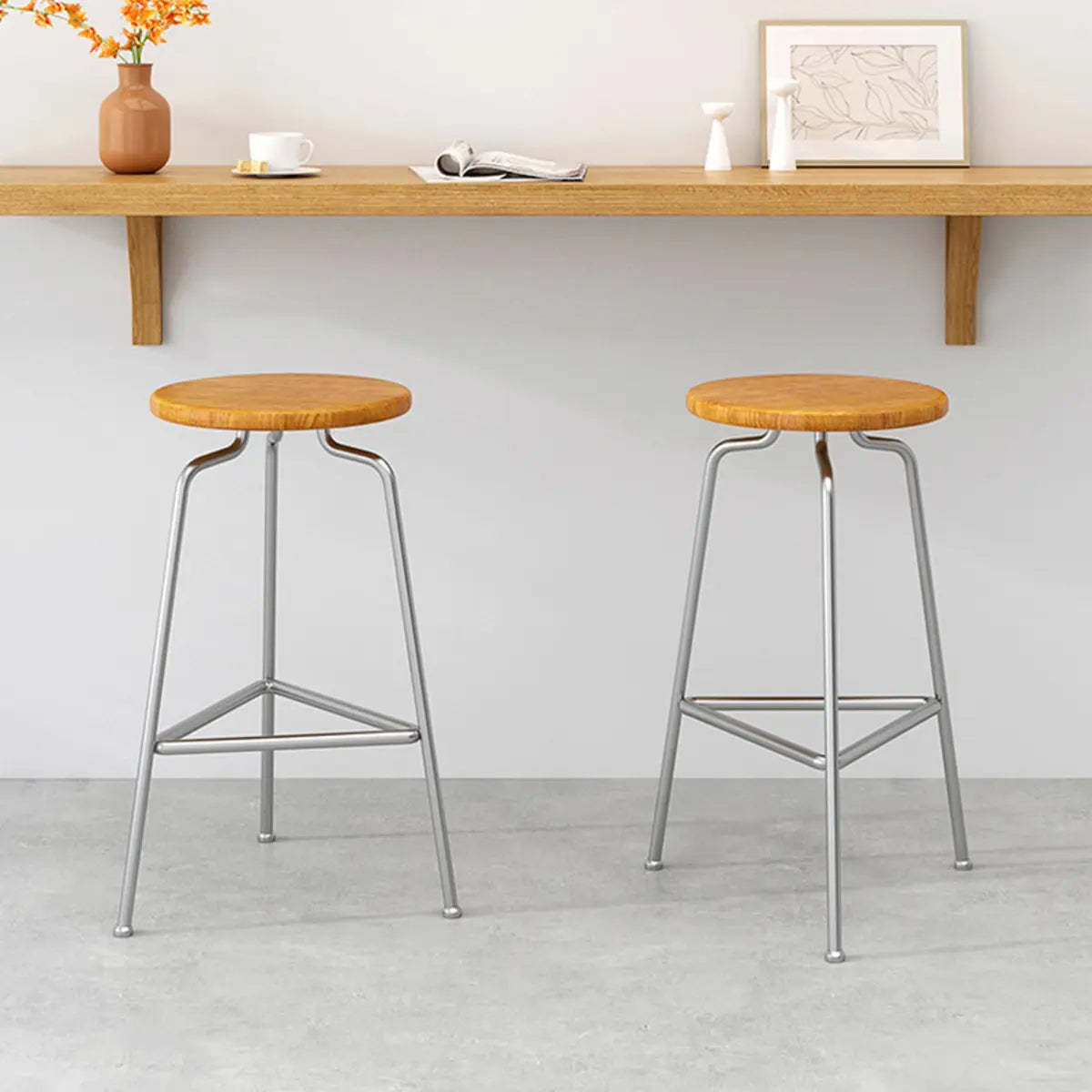 Round Tripod Metal Backless Black Bar Stool — Nut-Brown