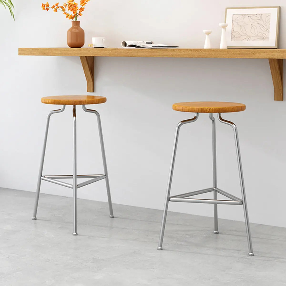 Round Tripod Metal Backless Black Bar Stool — Teak