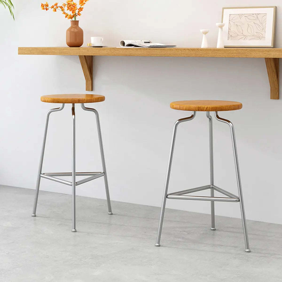 Round Tripod Metal Backless Black Bar Stool — Teak