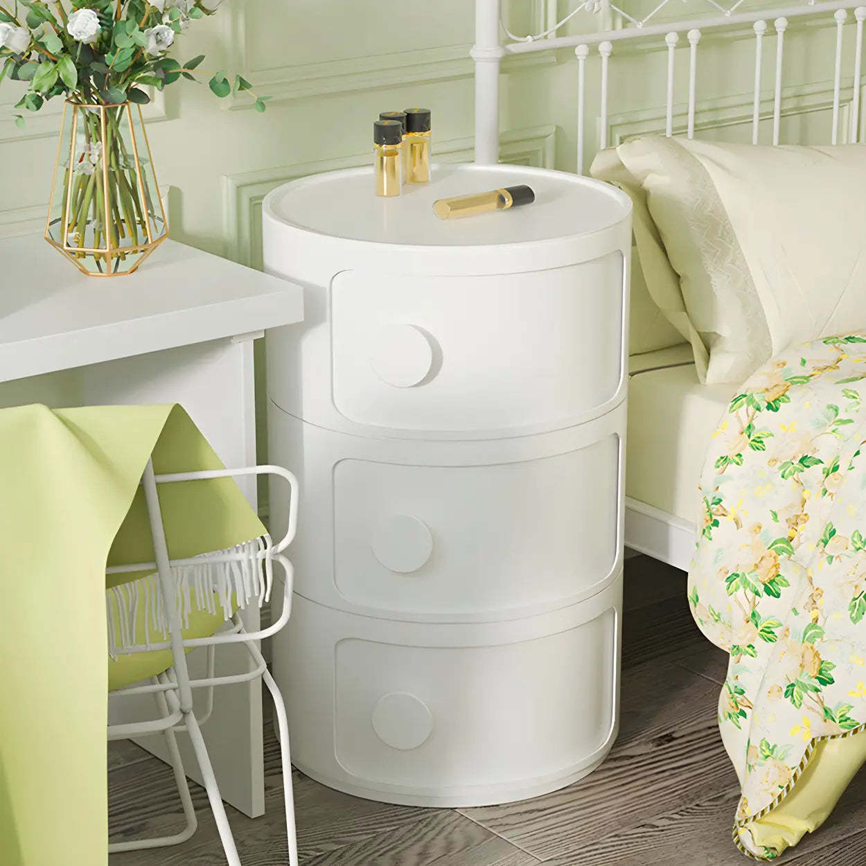 Modern Round White Acrylic Cabinet Nightstand