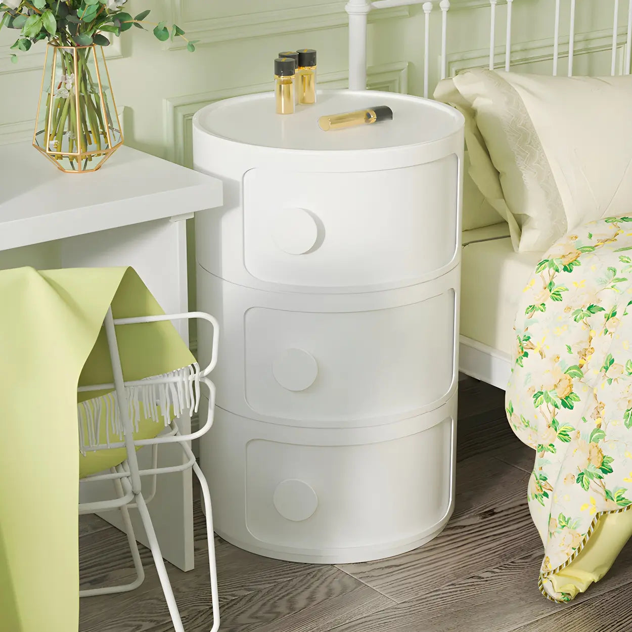 Modern Round White Acrylic Cabinet Nightstand — White / 2 Piece Set / 4