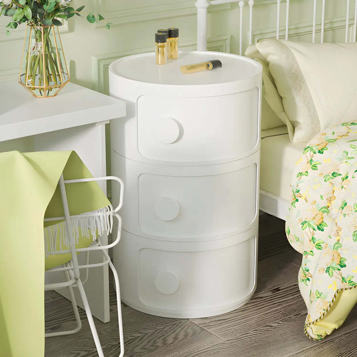Modern Round White Acrylic Cabinet Nightstand — White / 2 Piece Set / 4