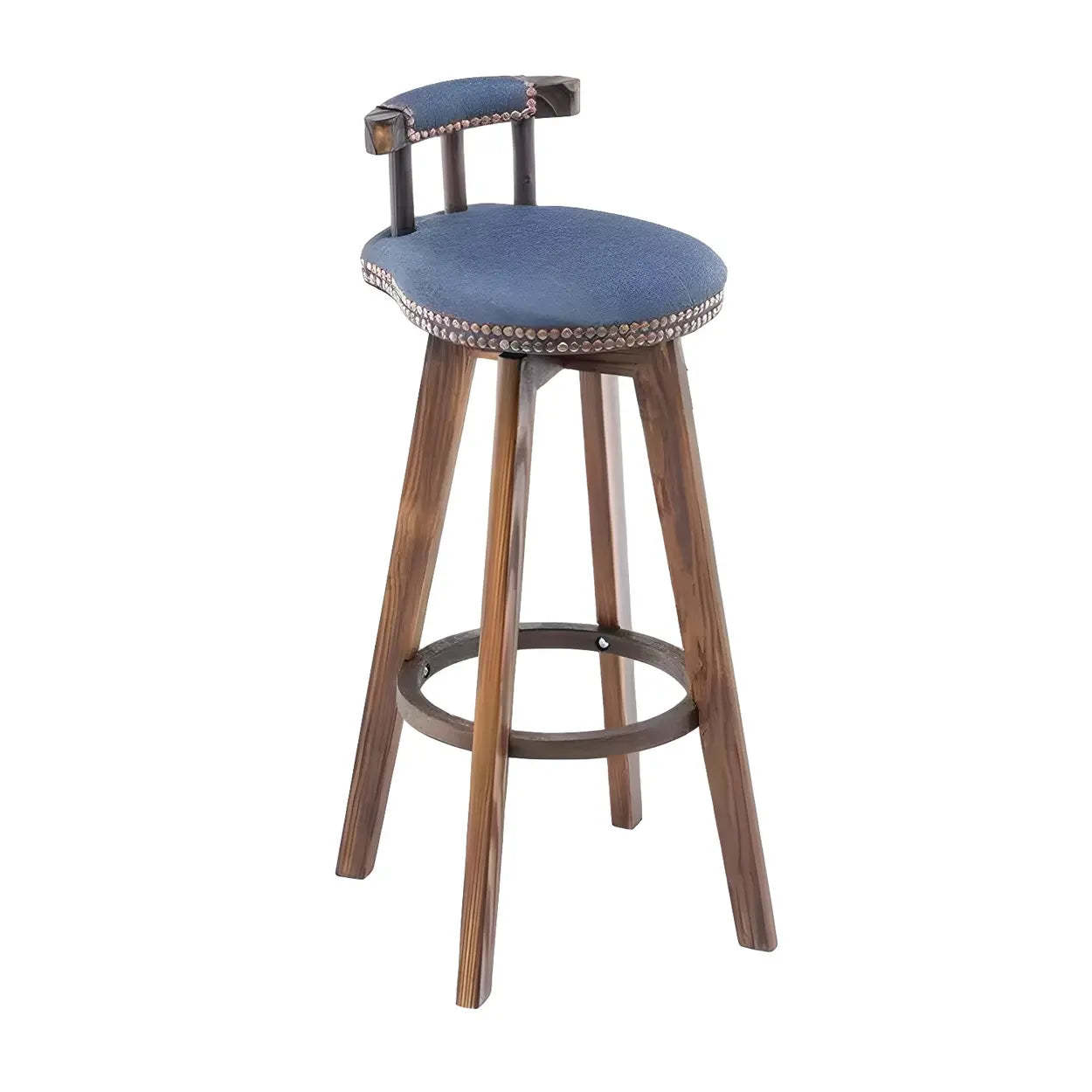 Round Wood Frame Faux Leather Pine Bar Stool — 4 Piece Set / Blackish Green