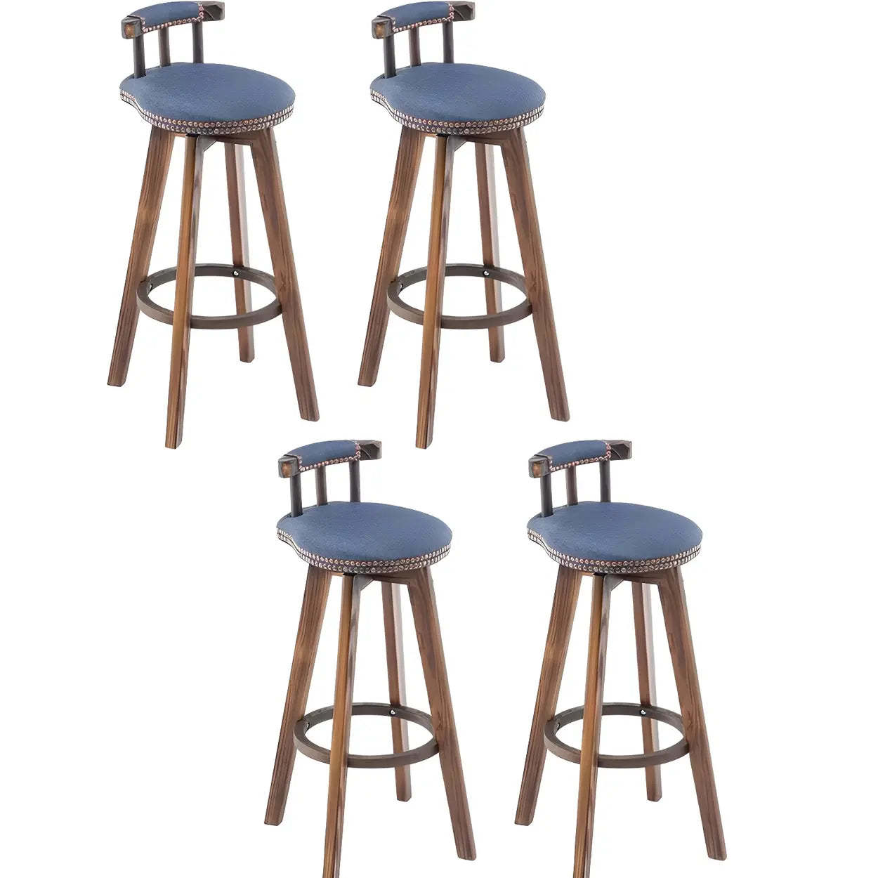 Round Wood Frame Faux Leather Pine Bar Stool — 4 Piece Set / Blue