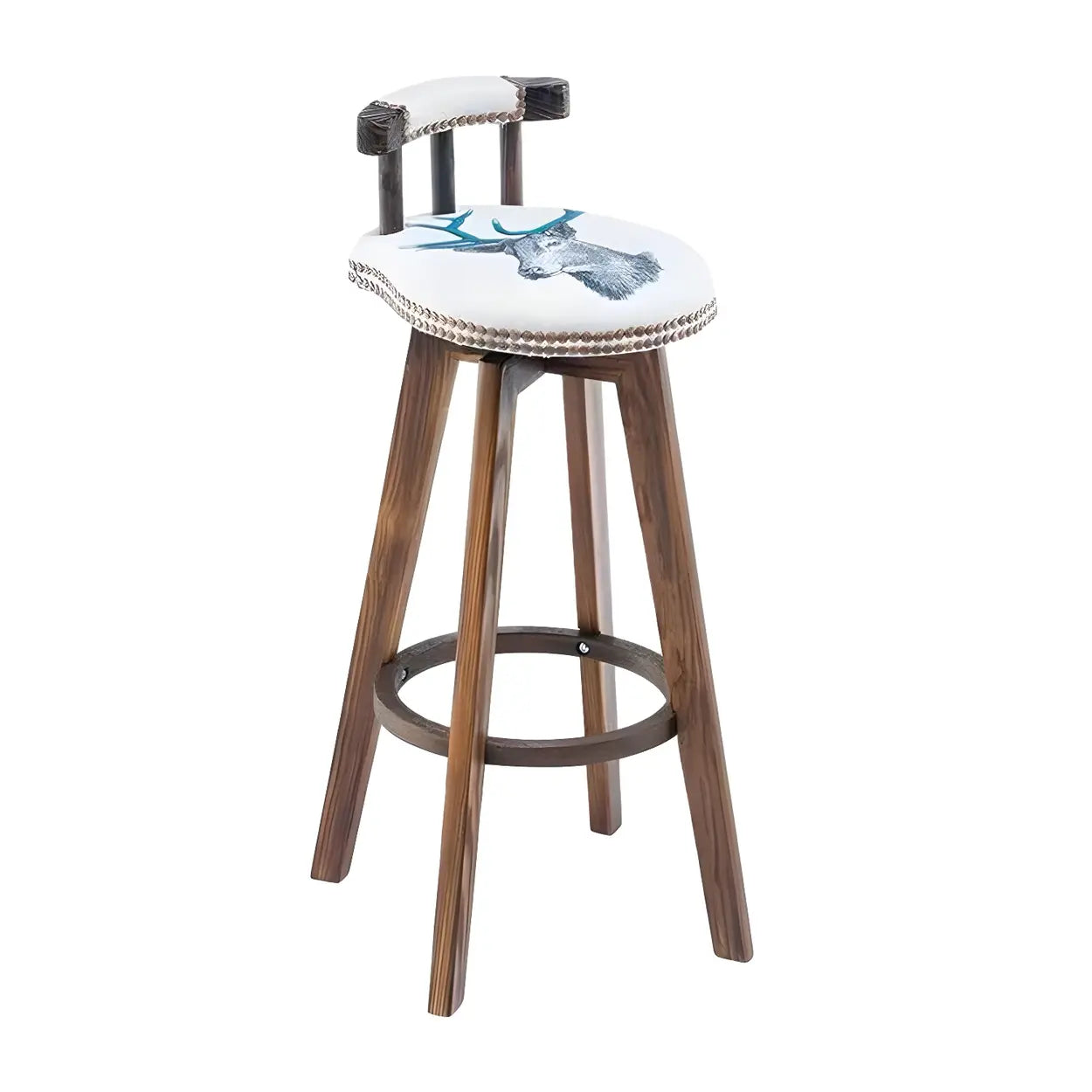 Round Wood Frame Faux Leather Pine Bar Stool — 4 Piece Set / Brown