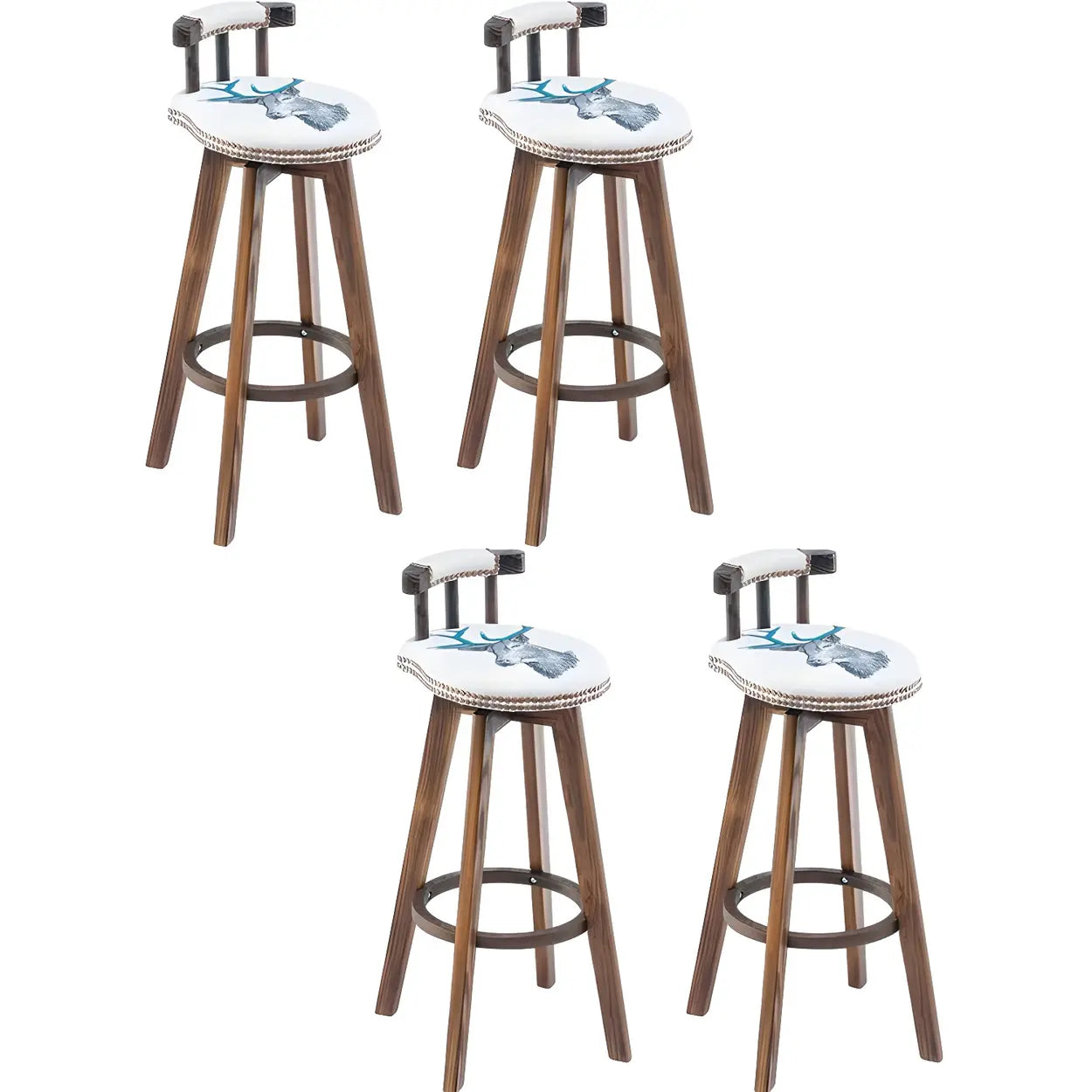 Round Wood Frame Faux Leather Pine Bar Stool — 4 Piece Set / Coffee