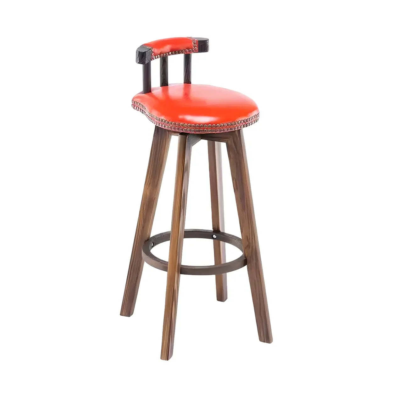 Round Wood Frame Faux Leather Pine Bar Stool — 4 Piece Set / Dark Coffee