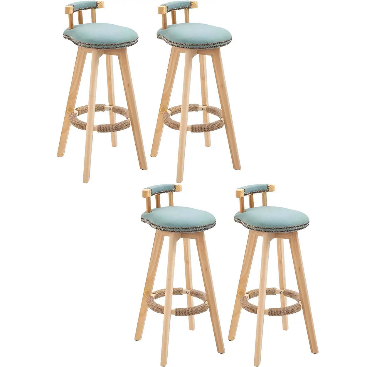 Round Wood Frame Faux Leather Pine Bar Stool — 4 Piece Set / Mint Green