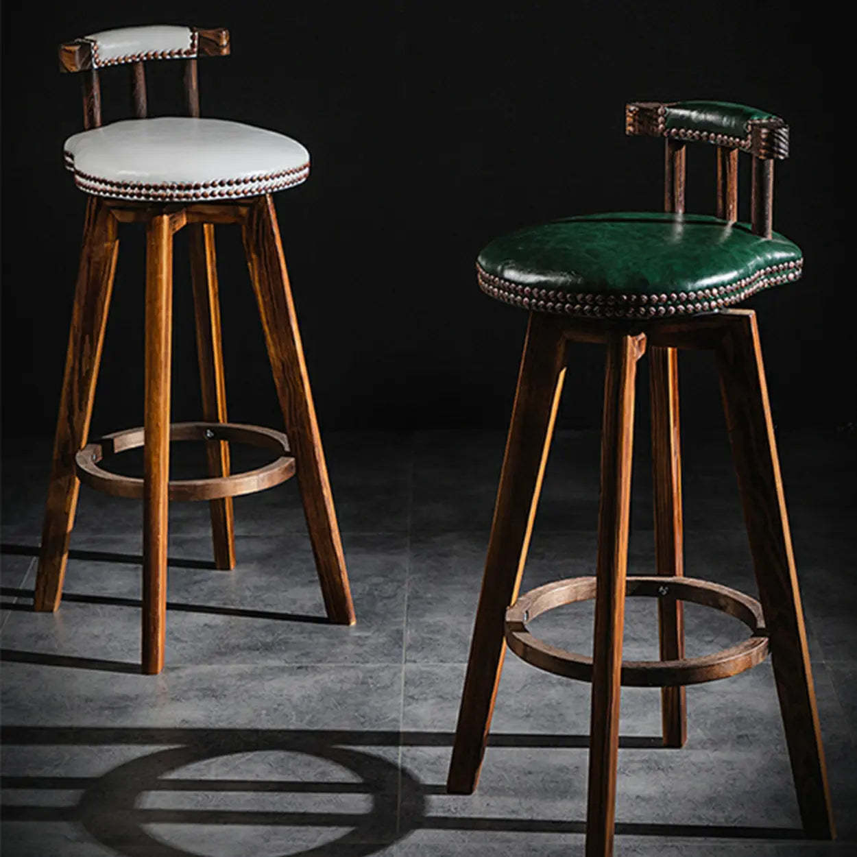 Round Wood Frame Faux Leather Pine Bar Stool — 1 Piece / Blackish Green