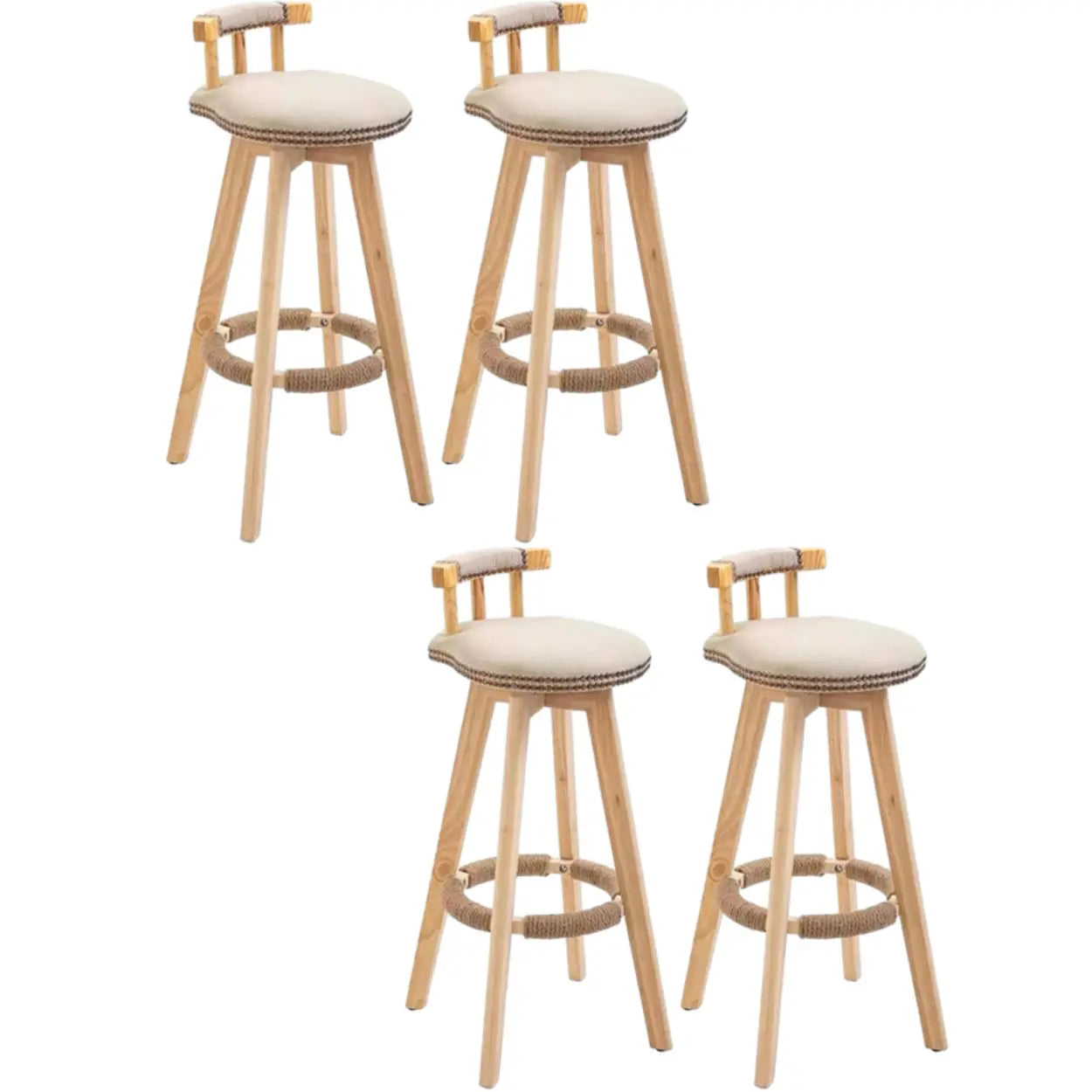 Round Wood Frame Faux Leather Pine Bar Stool — 4 Piece Set / White/ Wood