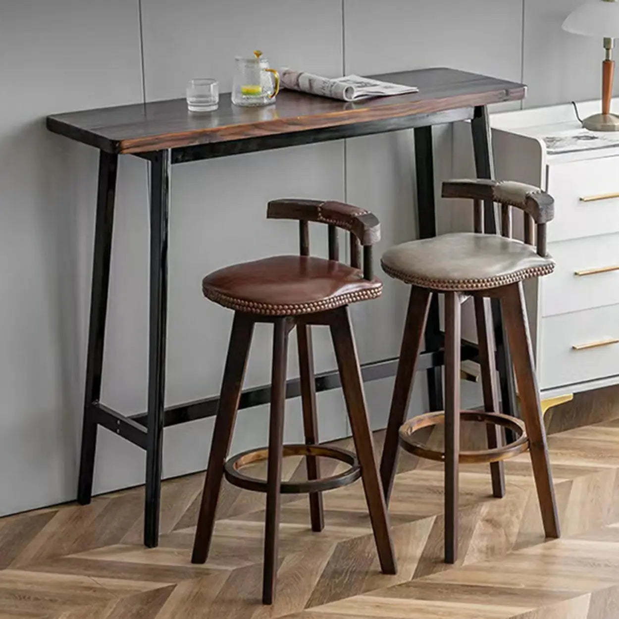 Round Wood Frame Faux Leather Pine Bar Stool — 1 Piece / Brown