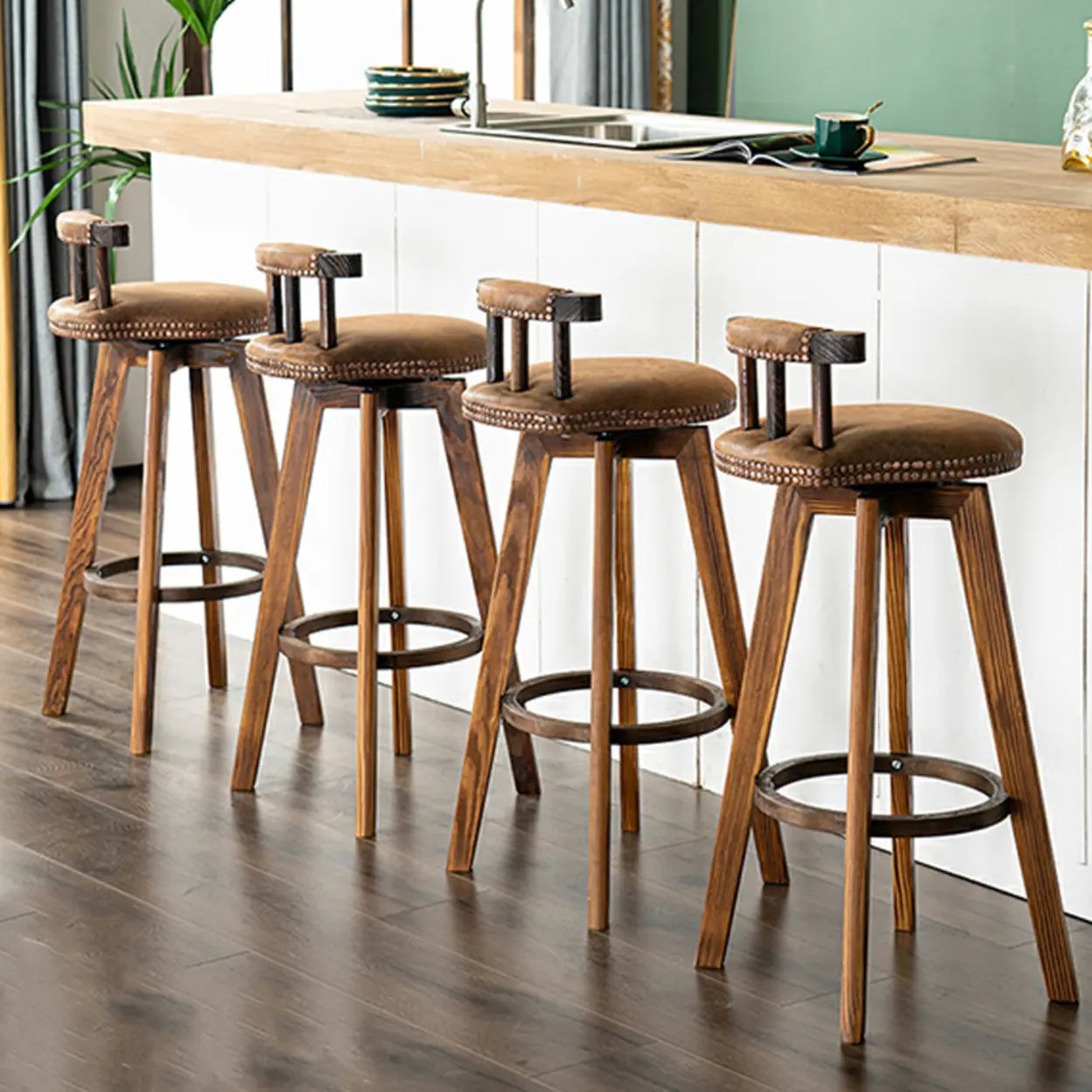 Round Wood Frame Faux Leather Pine Bar Stool — 1 Piece / Dark Coffee