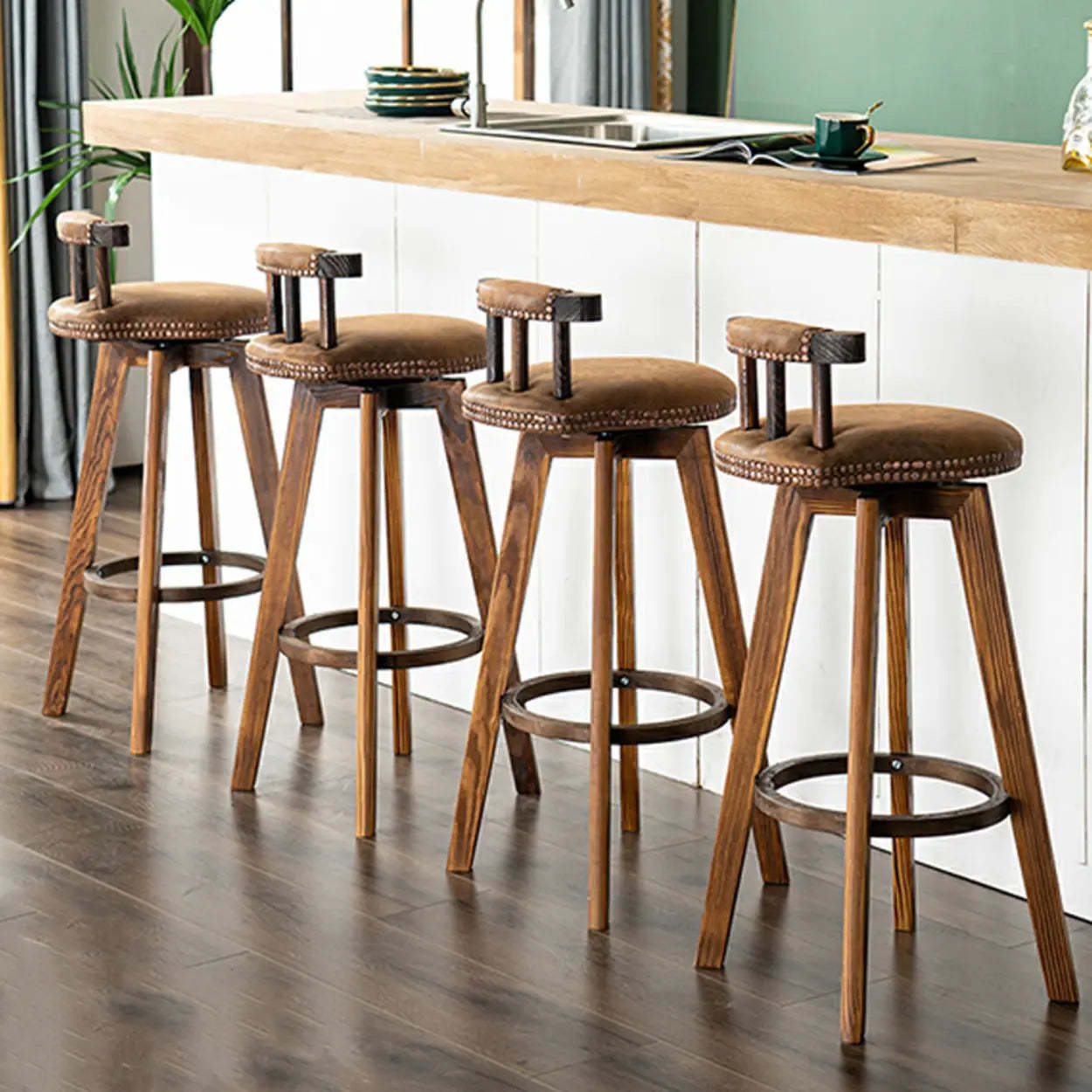 Round Wood Frame Faux Leather Pine Bar Stool — 1 Piece / Dark Coffee