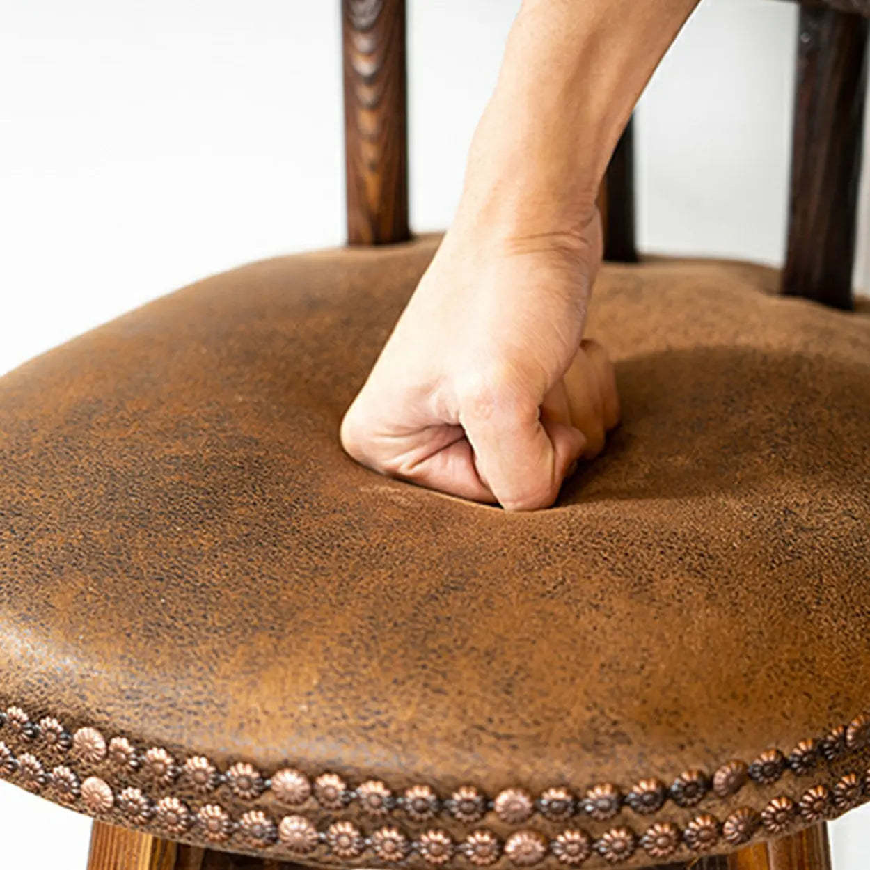 Round Wood Frame Faux Leather Pine Bar Stool — 1 Piece / Khaki