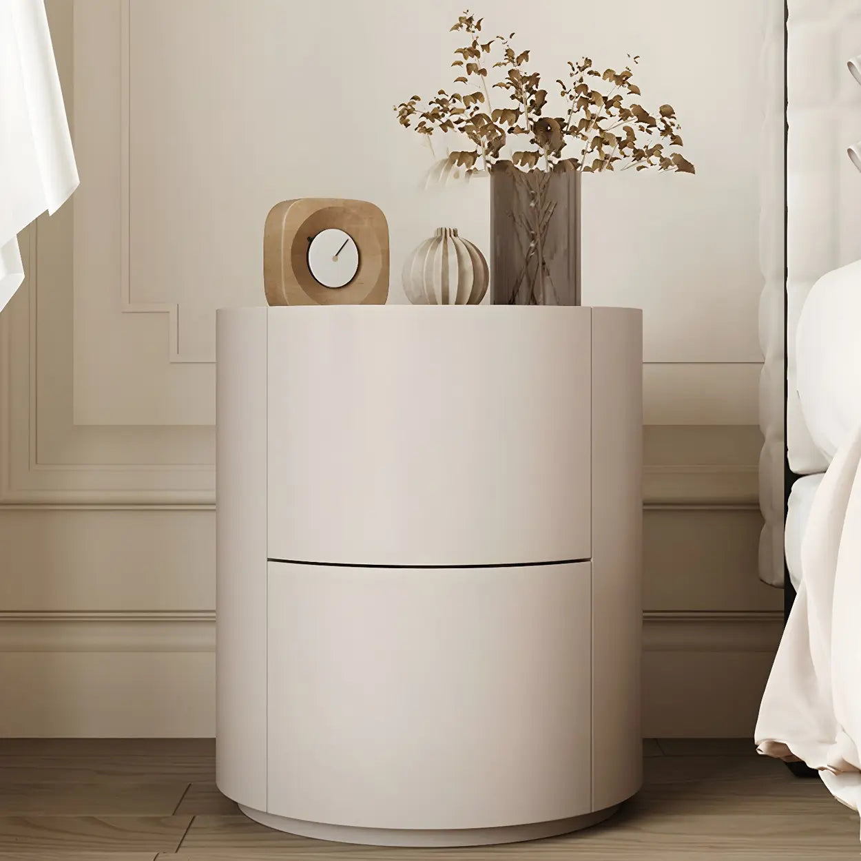 Round White Wood Compact Nightstand with Drawers