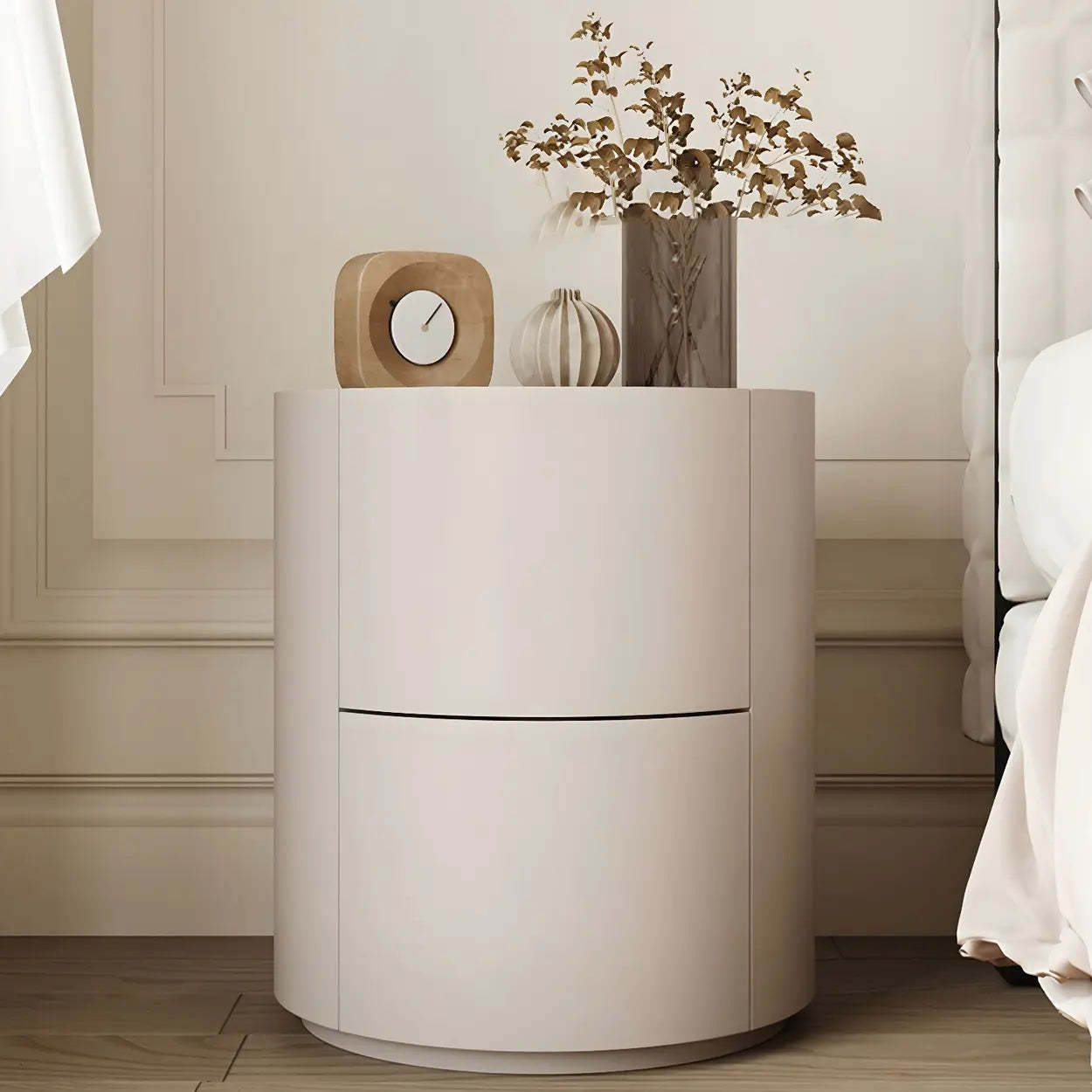 Round White Wood Compact Nightstand with Drawers — White / 1 Piece