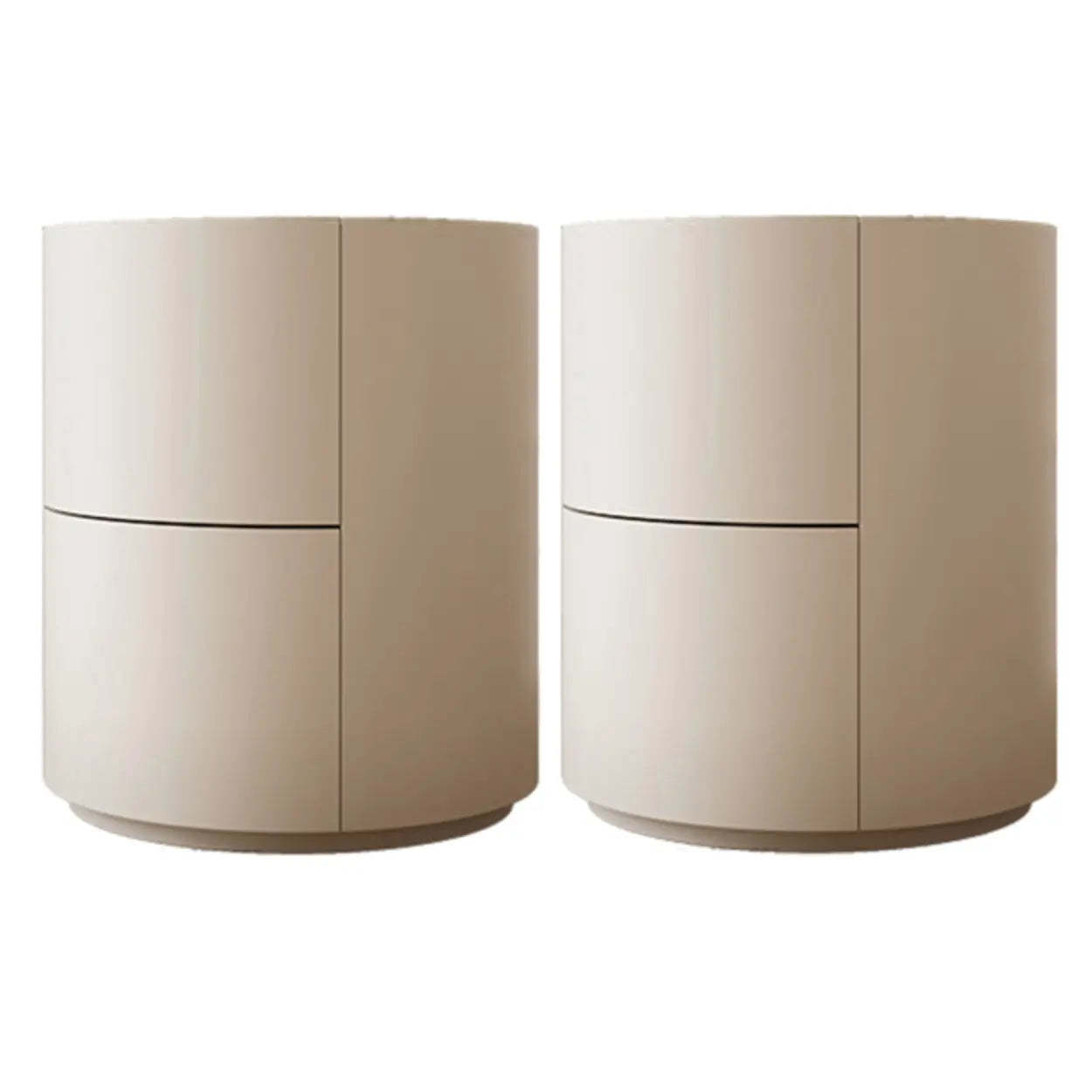 Round White Wood Compact Nightstand with Drawers — White / 2 Piece Set