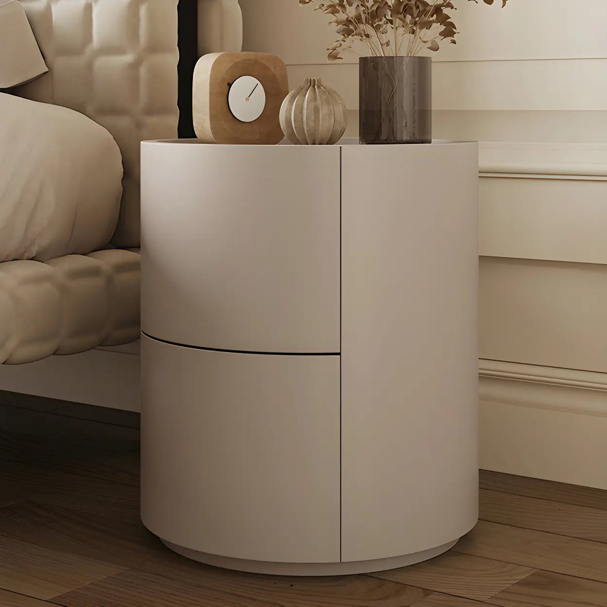 Round White Wood Compact Nightstand with Drawers — Khaki / 2 Piece Set