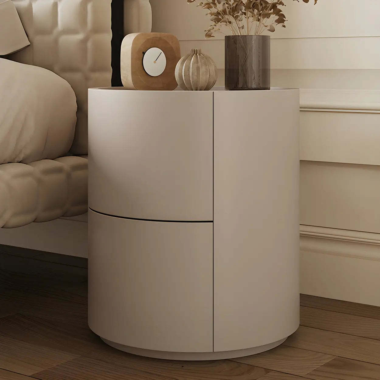 Round White Wood Compact Nightstand with Drawers — Khaki / 2 Piece Set