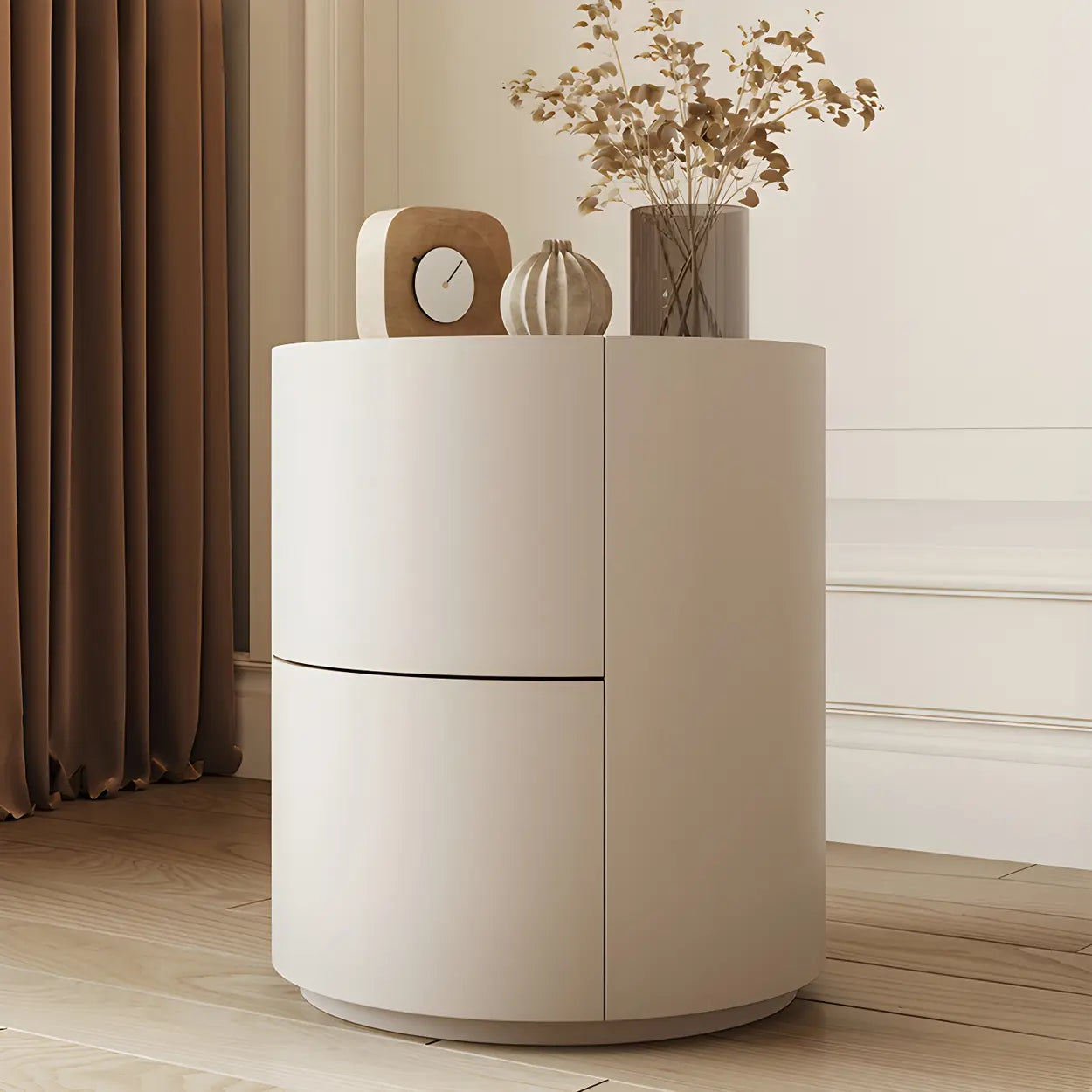 Round White Wood Compact Nightstand with Drawers — White / 1 Piece