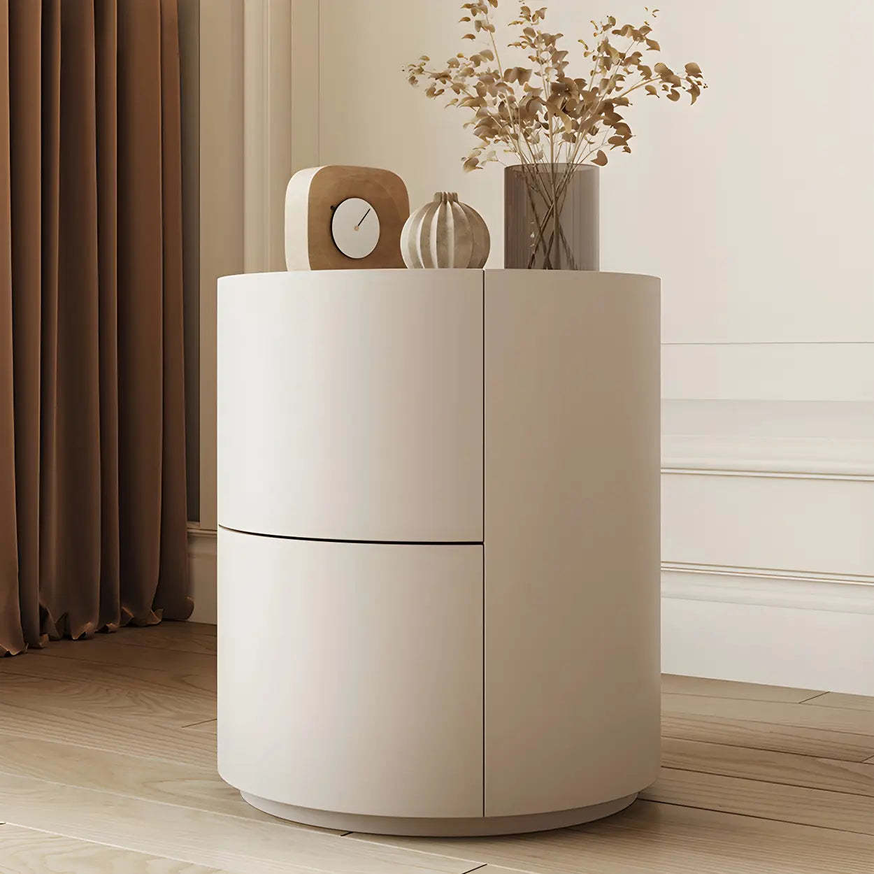 Round White Wood Compact Nightstand with Drawers — White / 1 Piece