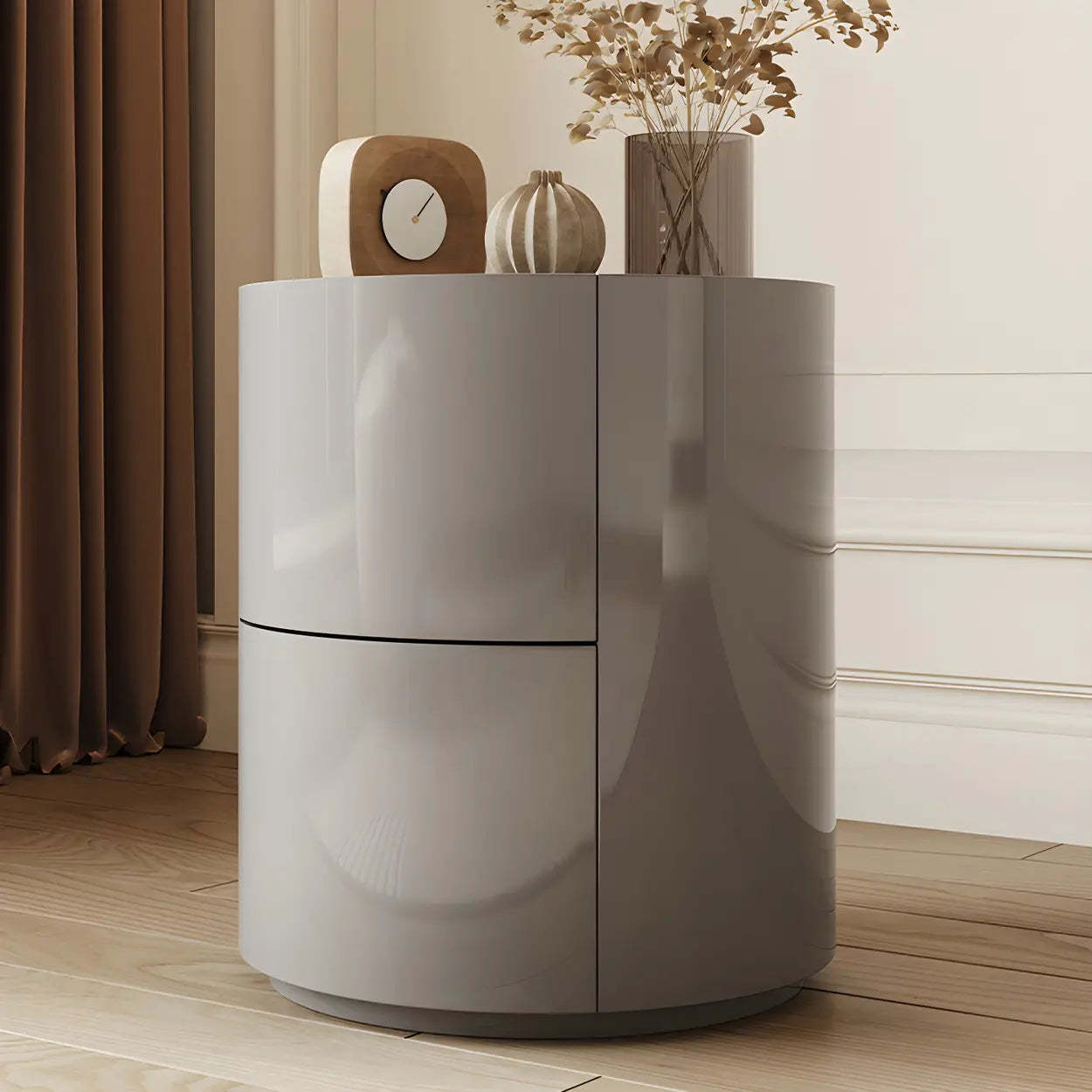 Round White Wood Compact Nightstand with Drawers — White / 2 Piece Set
