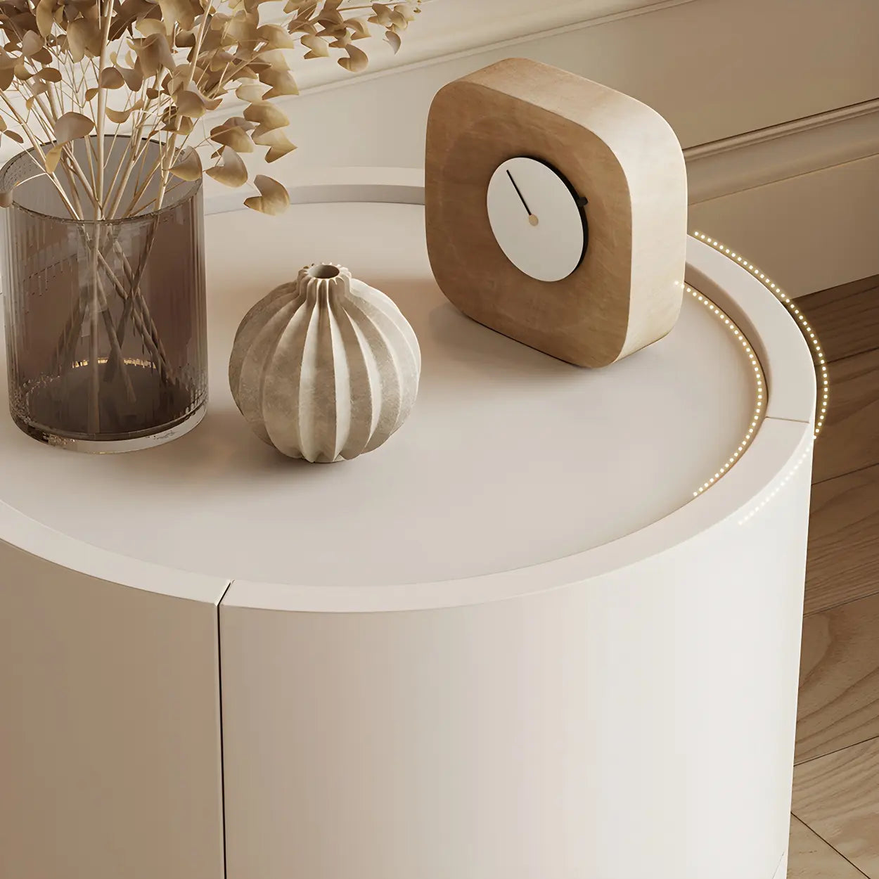 Round White Wood Compact Nightstand with Drawers — Khaki / 2 Piece Set