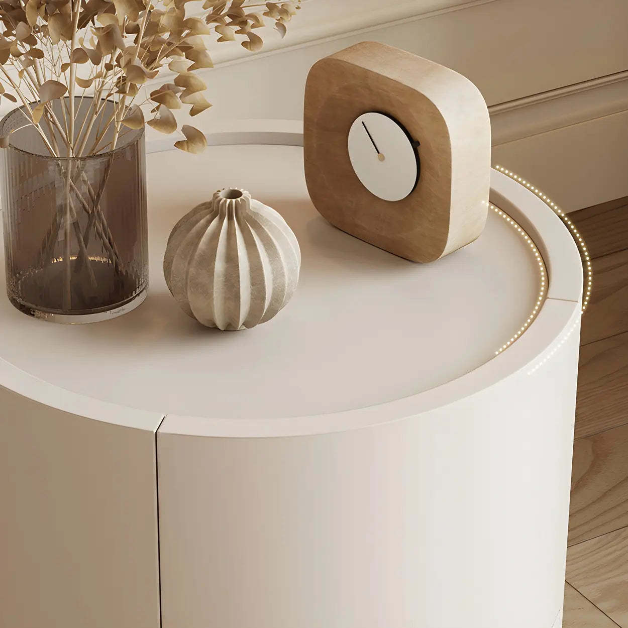 Round White Wood Compact Nightstand with Drawers — Khaki / 2 Piece Set