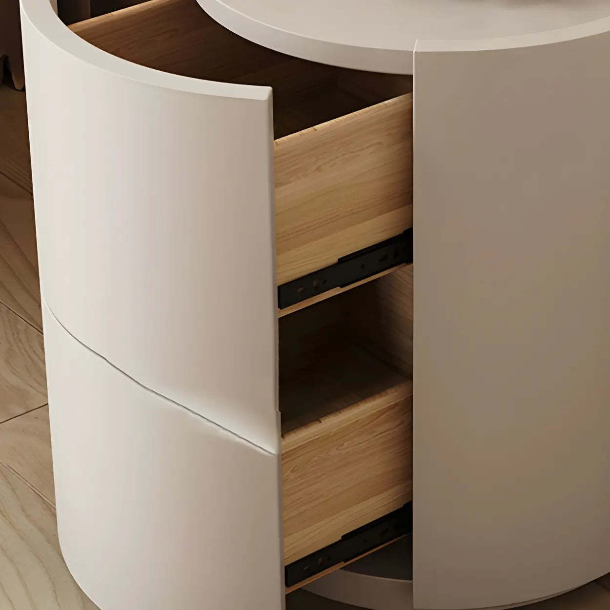 Round White Wood Compact Nightstand with Drawers