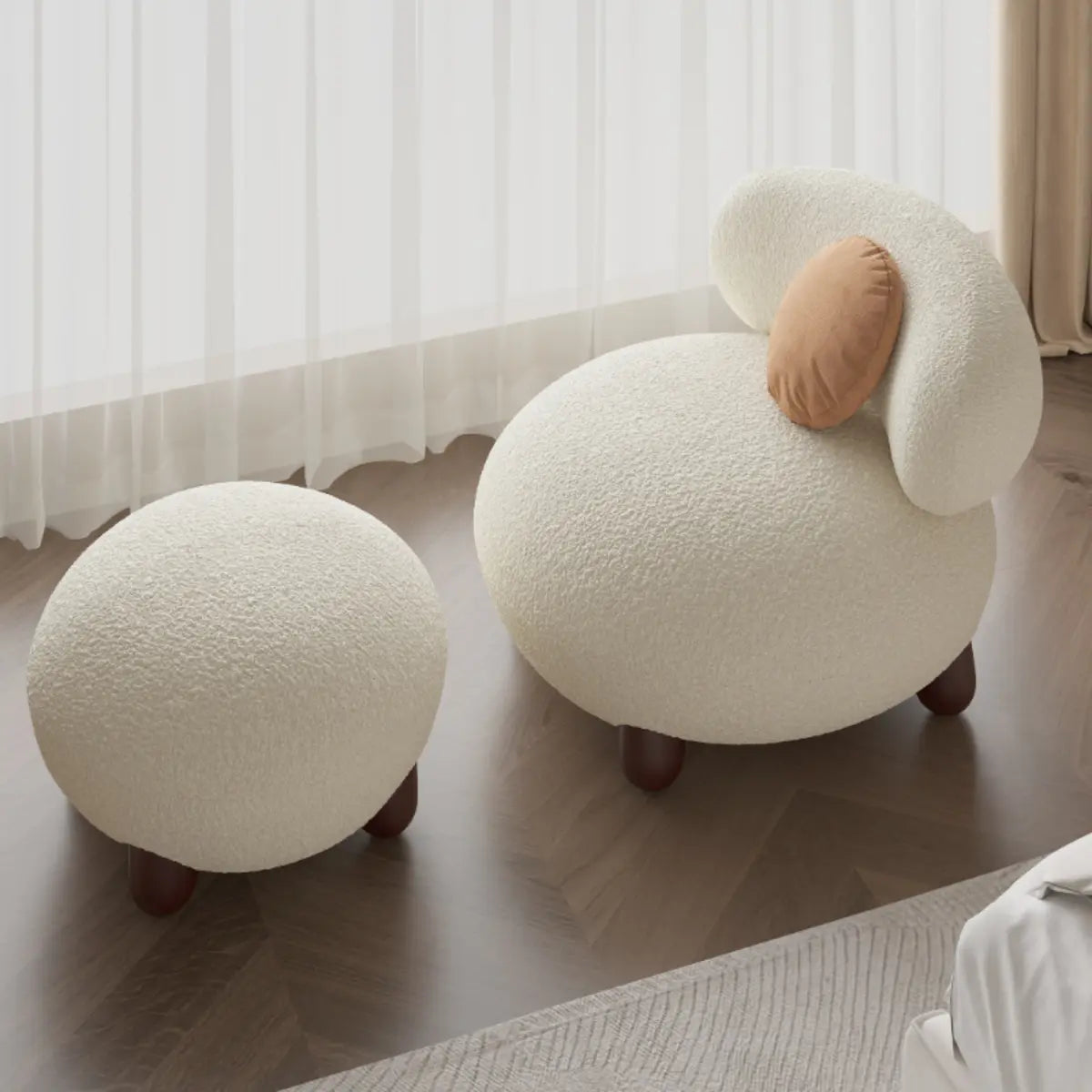 Rounded Beige Sherpa Four Leg Side Chair — Beige / Sherpa
