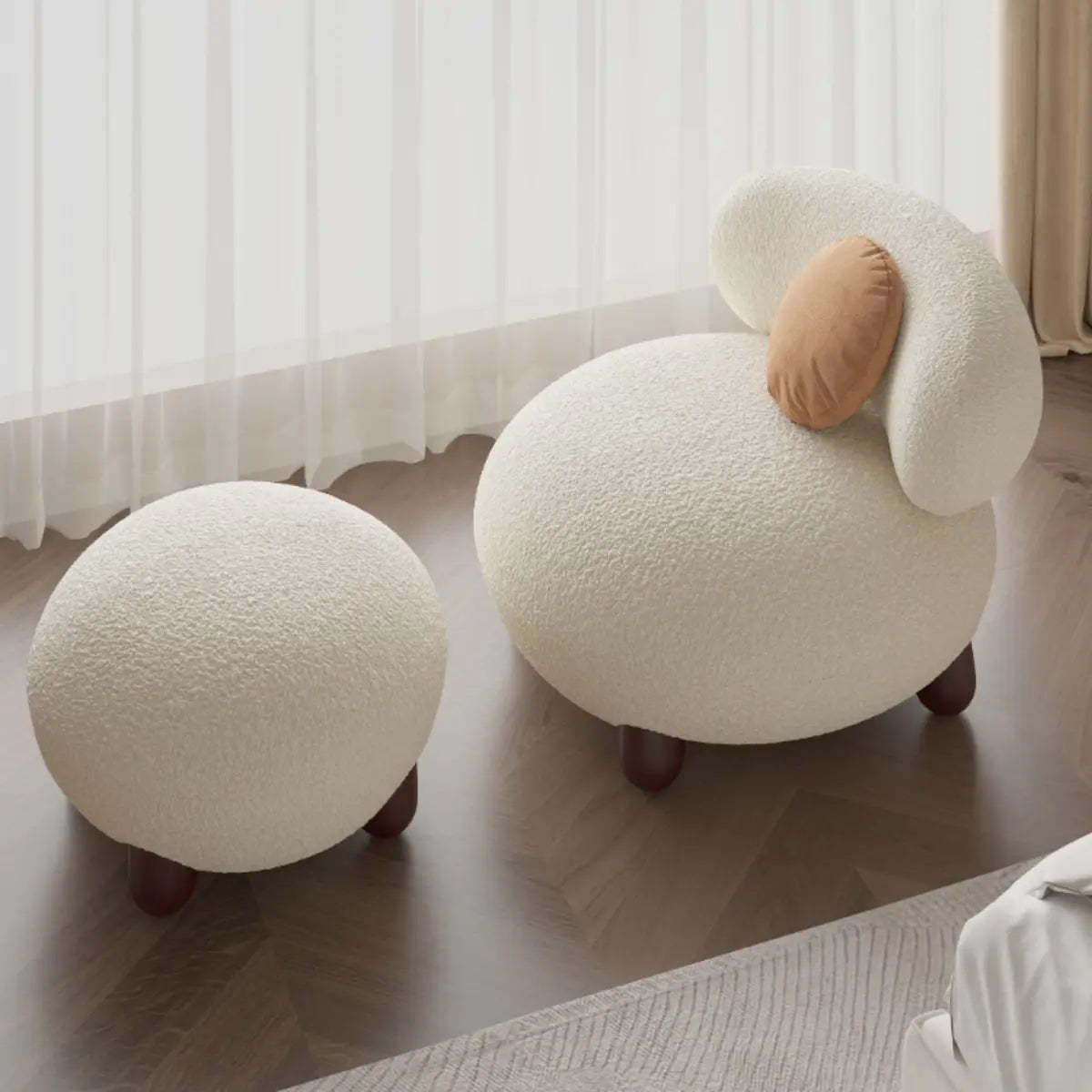 Rounded Beige Sherpa Four Leg Side Chair — Beige / Sherpa