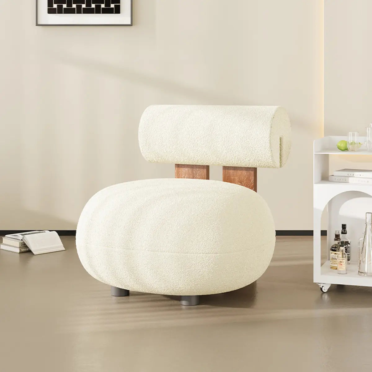 Rounded White Frosted Velvet Accent Chair — Khaki / Frosted Velvet