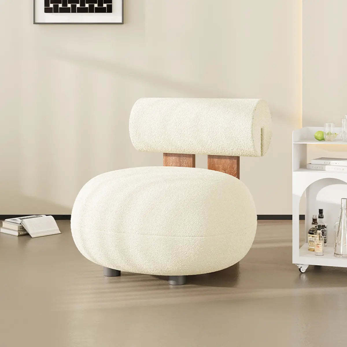 Rounded White Frosted Velvet Accent Chair — Khaki / Frosted Velvet