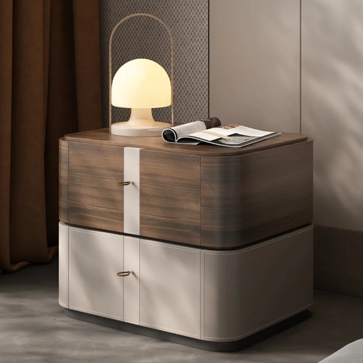 Rounded Wood Beige Two-Tier Nightstand
