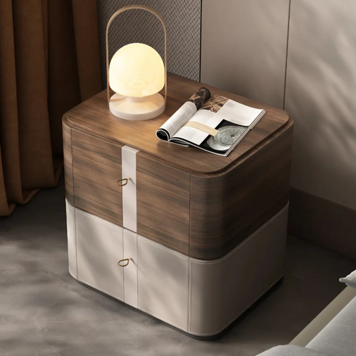 Modern rounded two-tier nightstands in wood — 16" L x 16" W x 20" H
