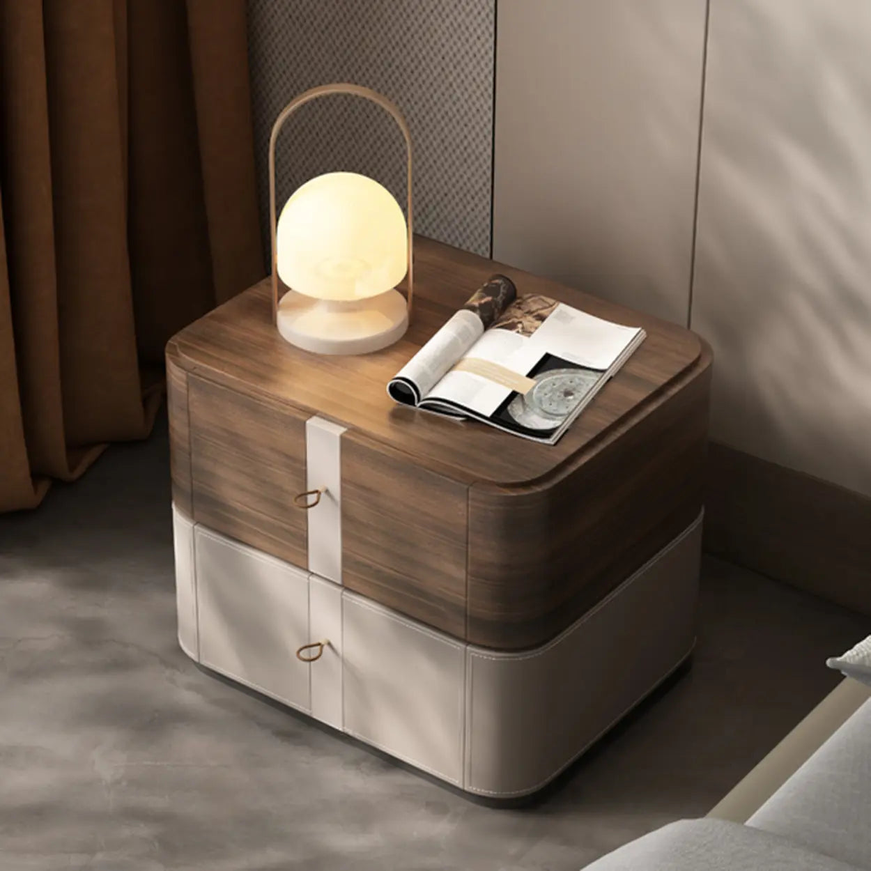 Rounded Wood Beige Two-Tier Nightstand