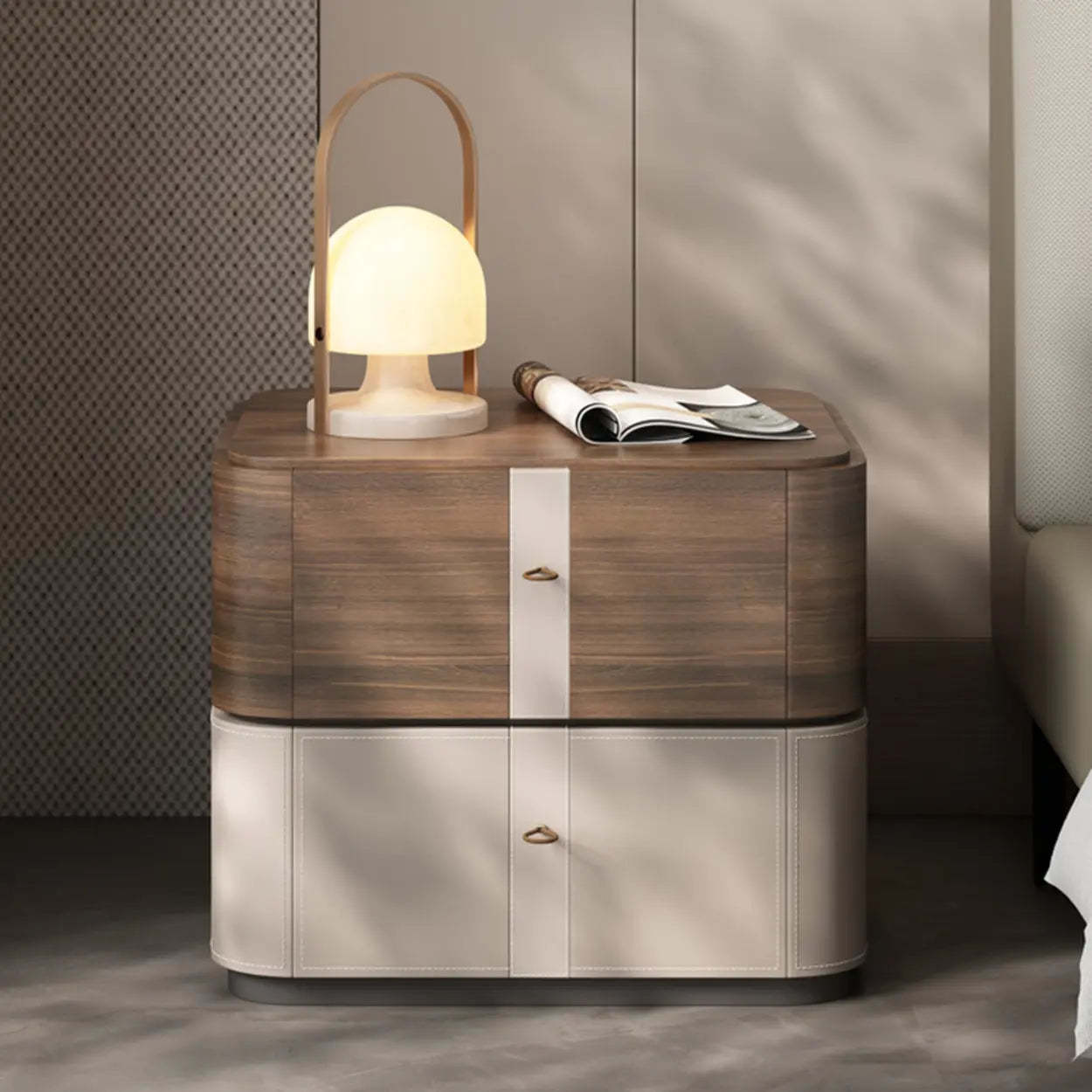 Rounded Wood Beige Two-Tier Nightstand