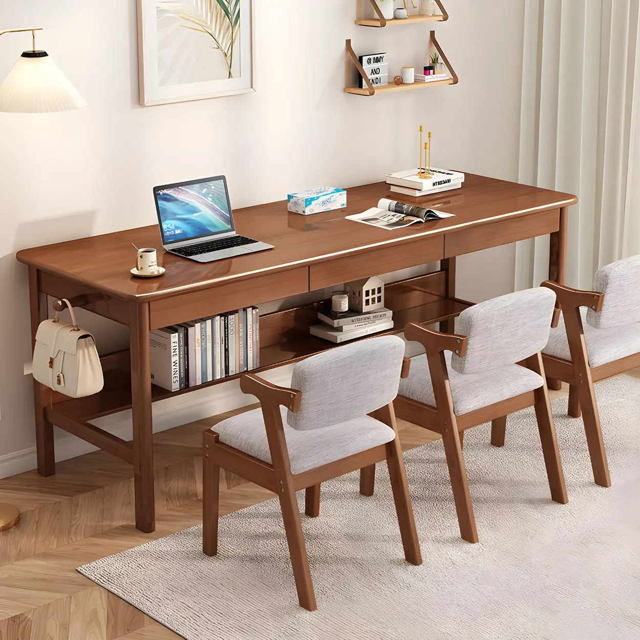 Rubberwood H-Base Double Writing Desk with Drawer