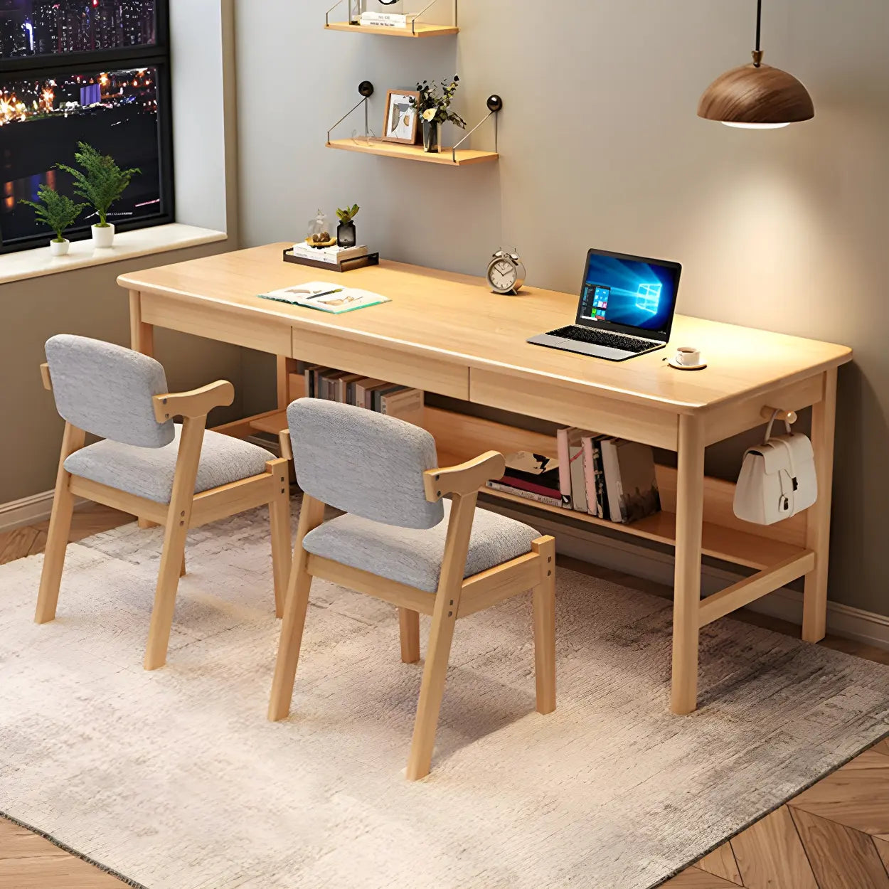 Rubberwood H-Base Double Writing Desk with Drawer