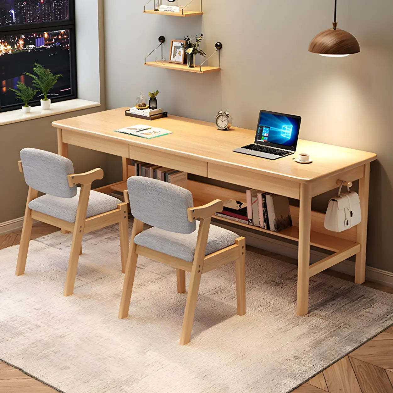 Rubberwood H-Base Double Writing Desk with Drawer